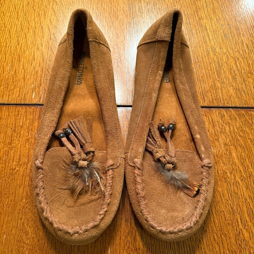 Minnetonka Brown Suede and Leather Moccasins, Fringe and Beads